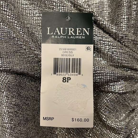 NWT Lauren Ralph Lauren silver shimmer cold shoulder dress 8P - Picture 2 of 6